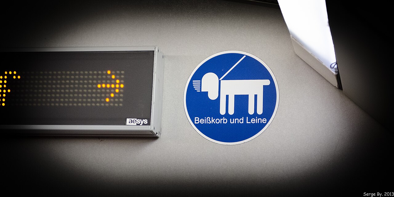 Blue sign photographed in Vienna showing a dog with a muzzle and leash, captioned Beißkorb und Leine